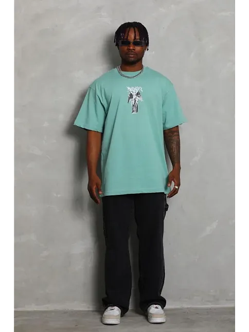 Erkek Baskılı T-shirt Kısa Kol Bisiklet Yaka Regular Fit Rahat Kalıp Günlük Tişört - Mint Yeşili