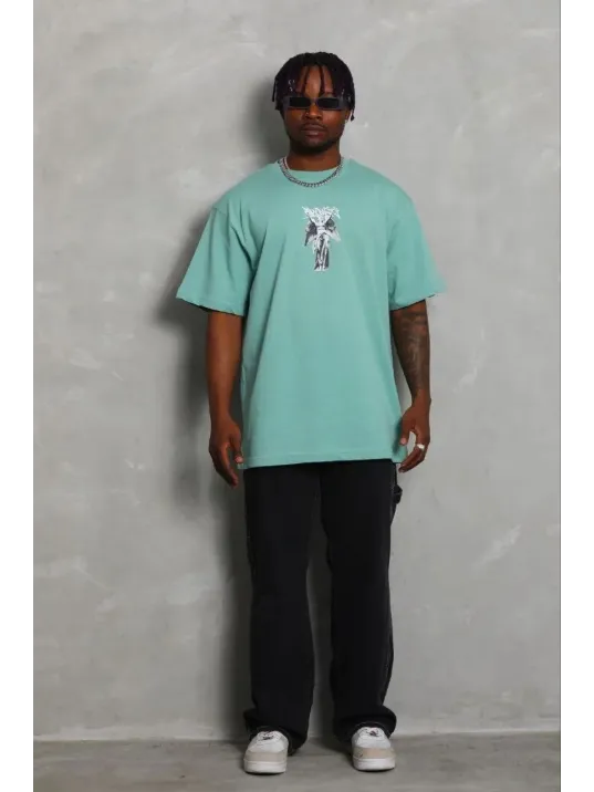 Erkek Baskılı T-shirt Kısa Kol Bisiklet Yaka Regular Fit Rahat Kalıp Günlük Tişört - Mint Yeşili