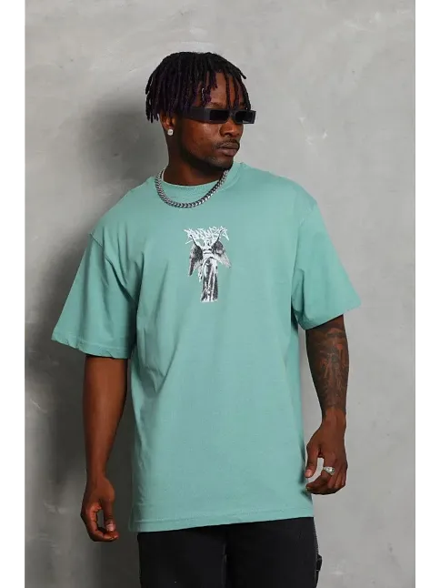 Erkek Baskılı T-shirt Kısa Kol Bisiklet Yaka Regular Fit Rahat Kalıp Günlük Tişört - Mint Yeşili