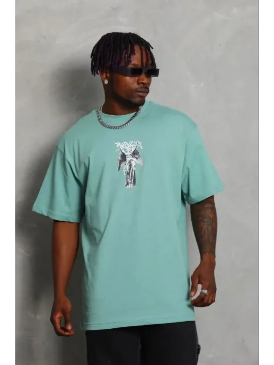 Erkek Baskılı T-shirt Kısa Kol Bisiklet Yaka Regular Fit Rahat Kalıp Günlük Tişört - Mint Yeşili