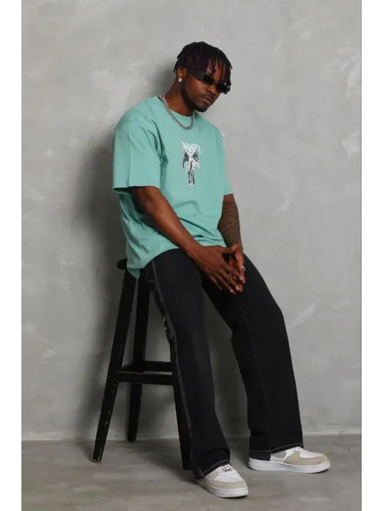 Erkek Baskılı T-shirt Kısa Kol Bisiklet Yaka Regular Fit Rahat Kalıp Günlük Tişört - Mint Yeşili