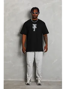 Erkek Baskılı T-shirt Kısa Kol Bisiklet Yaka Regular Fit Rahat Kalıp Günlük Tişört - Siyah