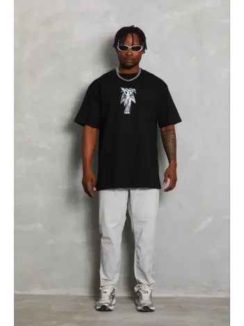 Erkek Baskılı T-shirt Kısa Kol Bisiklet Yaka Regular Fit Rahat Kalıp Günlük Tişört - Siyah