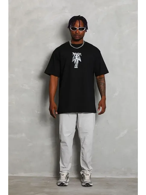 Erkek Baskılı T-shirt Kısa Kol Bisiklet Yaka Regular Fit Rahat Kalıp Günlük Tişört - Siyah