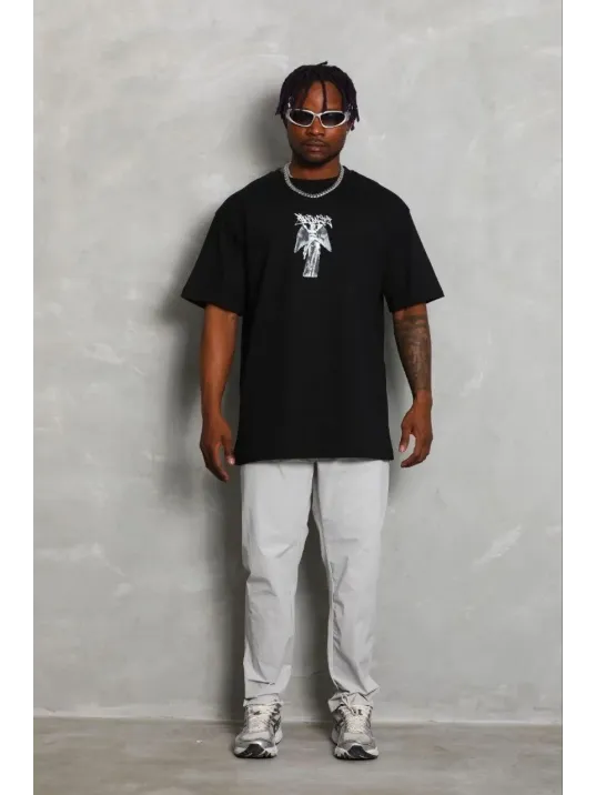 Erkek Baskılı T-shirt Kısa Kol Bisiklet Yaka Regular Fit Rahat Kalıp Günlük Tişört - Siyah