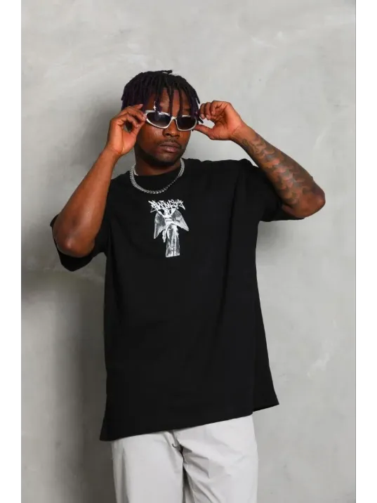 Erkek Baskılı T-shirt Kısa Kol Bisiklet Yaka Regular Fit Rahat Kalıp Günlük Tişört - Siyah