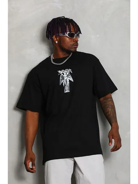 Erkek Baskılı T-shirt Kısa Kol Bisiklet Yaka Regular Fit Rahat Kalıp Günlük Tişört - Siyah