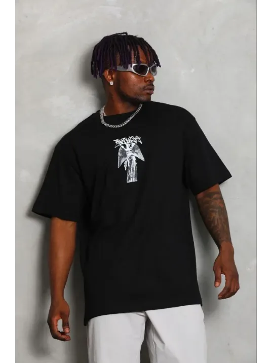 Erkek Baskılı T-shirt Kısa Kol Bisiklet Yaka Regular Fit Rahat Kalıp Günlük Tişört - Siyah