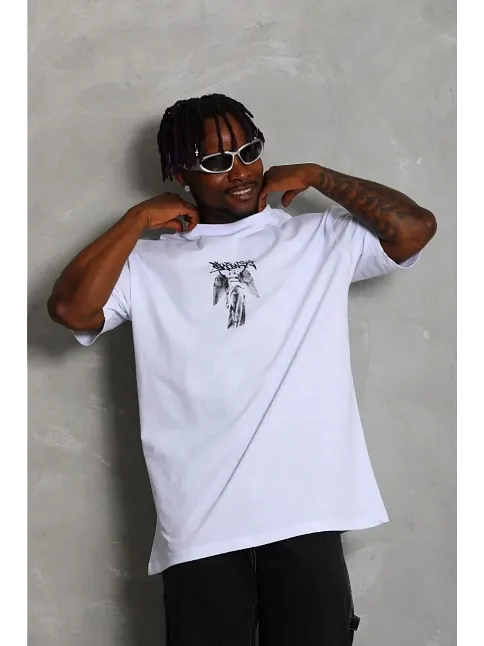 Erkek Baskılı T-shirt Kısa Kol Bisiklet Yaka Regular Fit Rahat Kalıp Günlük Tişört - Beyaz