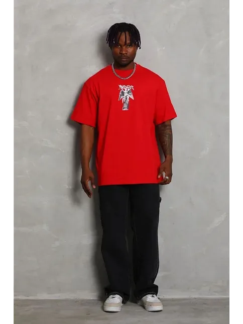 Erkek Baskılı T-shirt Kısa Kol Bisiklet Yaka Regular Fit Rahat Kalıp Günlük Tişört - Kırmızı