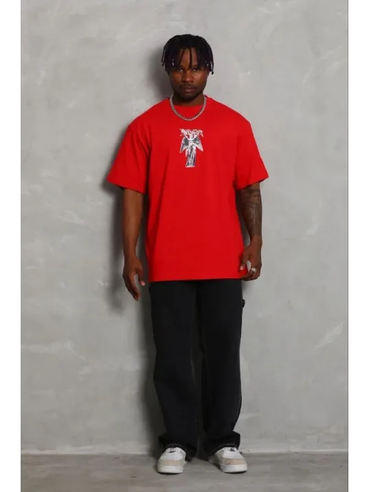 Erkek Baskılı T-shirt Kısa Kol Bisiklet Yaka Regular Fit Rahat Kalıp Günlük Tişört - Kırmızı Erkek Baskılı T-shirt Kısa Kol Bisiklet Yaka Regular Fit Rahat Kalıp Günlük Tişört - Kırmızı