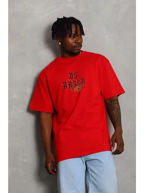 Erkek Baskılı T-shirt Kısa Kol Bisiklet Yaka Regular Fit Rahat Kalıp Günlük Tişört - Kırmızı