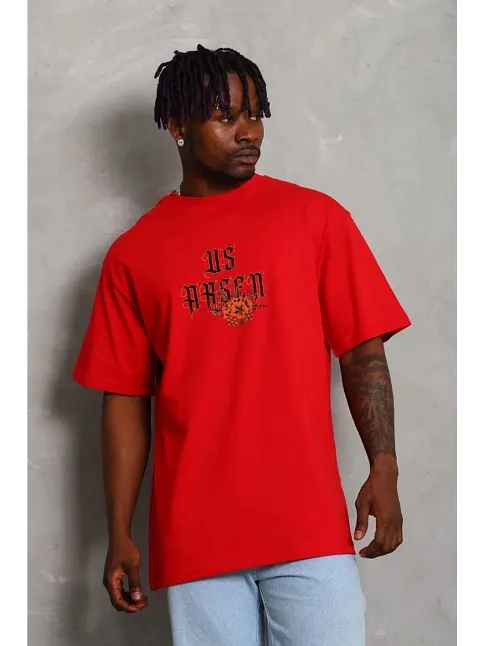Erkek Baskılı T-shirt Kısa Kol Bisiklet Yaka Regular Fit Rahat Kalıp Günlük Tişört - Kırmızı