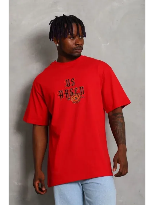 Erkek Baskılı T-shirt Kısa Kol Bisiklet Yaka Regular Fit Rahat Kalıp Günlük Tişört - Kırmızı Erkek Baskılı T-shirt Kısa Kol Bisiklet Yaka Regular Fit Rahat Kalıp Günlük Tişört - Kırmızı