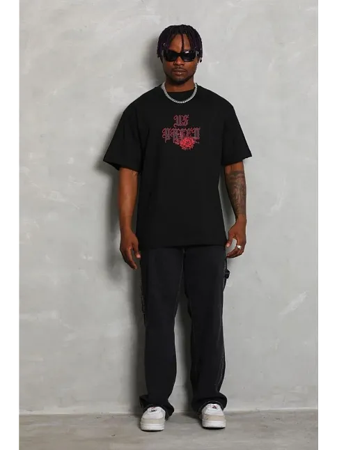 Erkek Baskılı T-shirt Kısa Kol Bisiklet Yaka Regular Fit Rahat Kalıp Günlük Tişört - Siyah