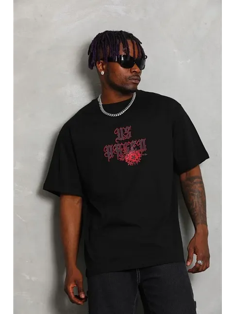 Erkek Baskılı T-shirt Kısa Kol Bisiklet Yaka Regular Fit Rahat Kalıp Günlük Tişört - Siyah