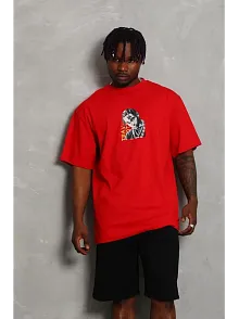 Erkek Baskılı T-shirt Kısa Kol Bisiklet Yaka Regular Fit Rahat Kalıp Günlük Tişört - Kırmızı