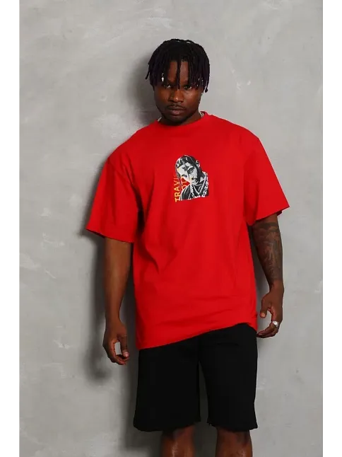 Erkek Baskılı T-shirt Kısa Kol Bisiklet Yaka Regular Fit Rahat Kalıp Günlük Tişört - Kırmızı Erkek Baskılı T-shirt Kısa Kol Bisiklet Yaka Regular Fit Rahat Kalıp Günlük Tişört - Kırmızı