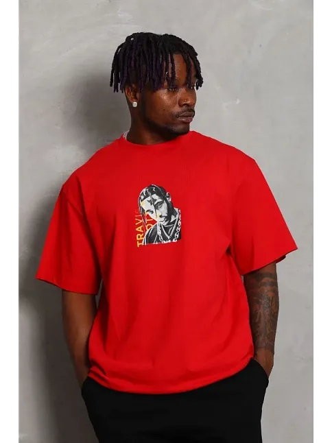 Erkek Baskılı T-shirt Kısa Kol Bisiklet Yaka Regular Fit Rahat Kalıp Günlük Tişört - Kırmızı Erkek Baskılı T-shirt Kısa Kol Bisiklet Yaka Regular Fit Rahat Kalıp Günlük Tişört - Kırmızı
