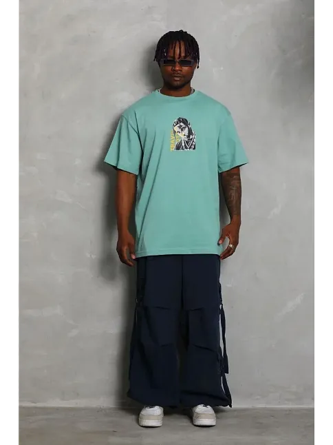 Erkek Baskılı T-shirt Kısa Kol Bisiklet Yaka Regular Fit Rahat Kalıp Günlük Tişört - Mint Yeşili