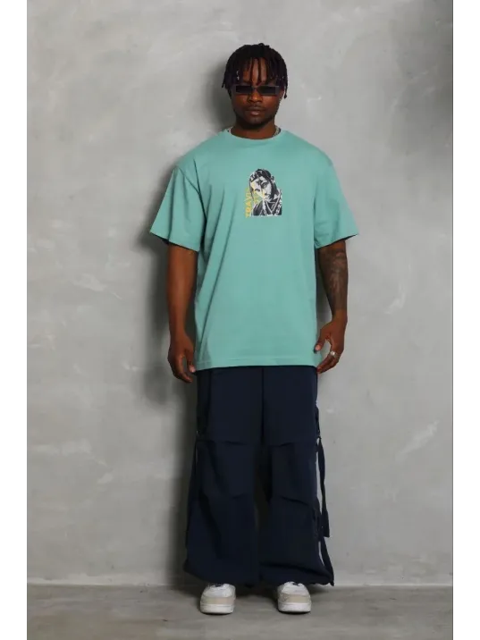 Erkek Baskılı T-shirt Kısa Kol Bisiklet Yaka Regular Fit Rahat Kalıp Günlük Tişört - Mint Yeşili