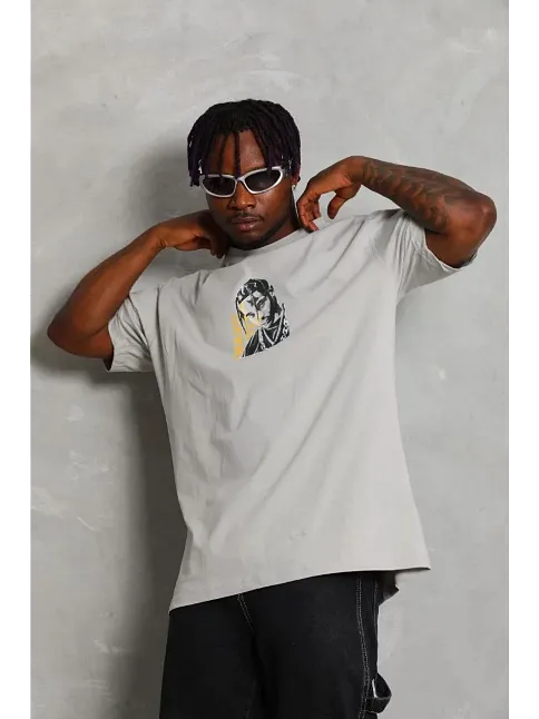 Erkek Baskılı T-shirt Kısa Kol Bisiklet Yaka Regular Fit Rahat Kalıp Günlük Tişört - Gri