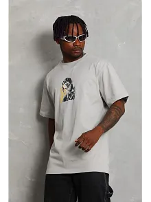 Erkek Baskılı T-shirt Kısa Kol Bisiklet Yaka Regular Fit Rahat Kalıp Günlük Tişört - Gri