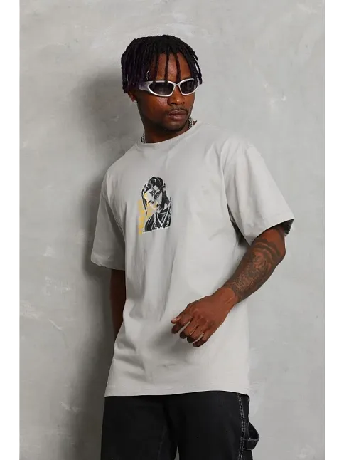 Erkek Baskılı T-shirt Kısa Kol Bisiklet Yaka Regular Fit Rahat Kalıp Günlük Tişört - Gri