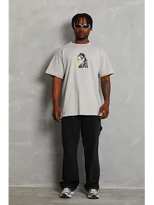 Erkek Baskılı T-shirt Kısa Kol Bisiklet Yaka Regular Fit Rahat Kalıp Günlük Tişört - Gri
