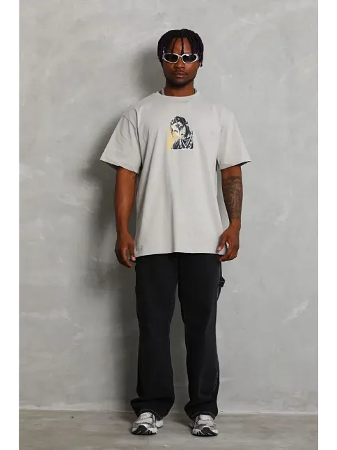 Erkek Baskılı T-shirt Kısa Kol Bisiklet Yaka Regular Fit Rahat Kalıp Günlük Tişört - Gri