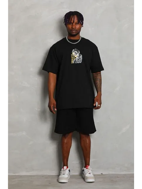 Erkek Baskılı T-shirt Kısa Kol Bisiklet Yaka Regular Fit Rahat Kalıp Günlük Tişört - Siyah