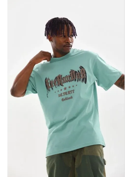 Erkek Baskılı T-shirt Kısa Kol Bisiklet Yaka Regular Fit Rahat Kalıp Günlük Tişört - Mint Yeşili