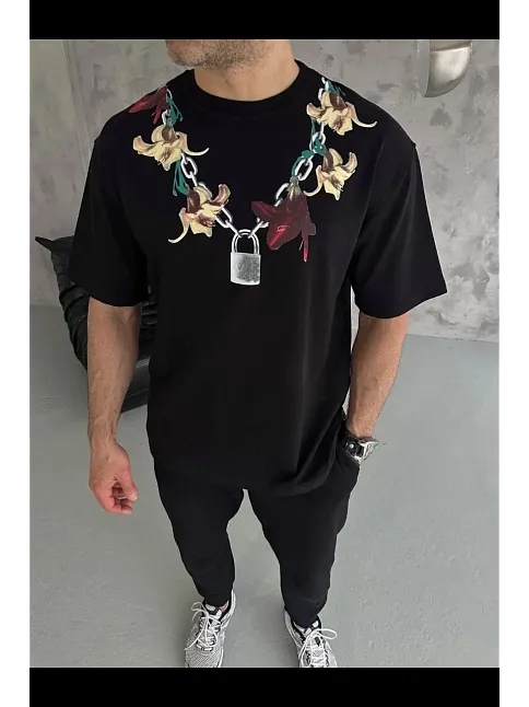 Erkek Baskılı T-shirt Kısa Kol Bisiklet Yaka Regular Fit Rahat Kalıp Günlük Tişört - Siyah Erkek Baskılı T-shirt Kısa Kol Bisiklet Yaka Regular Fit Rahat Kalıp Günlük Tişört - Siyah