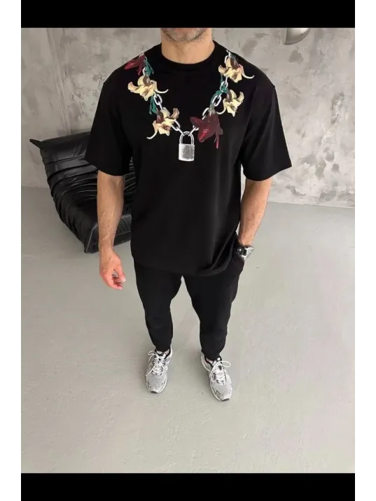 Erkek Baskılı T-shirt Kısa Kol Bisiklet Yaka Regular Fit Rahat Kalıp Günlük Tişört - Siyah Erkek Baskılı T-shirt Kısa Kol Bisiklet Yaka Regular Fit Rahat Kalıp Günlük Tişört - Siyah