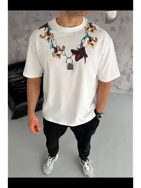 Erkek Baskılı T-shirt Kısa Kol Bisiklet Yaka Regular Fit Rahat Kalıp Günlük Tişört - Beyaz