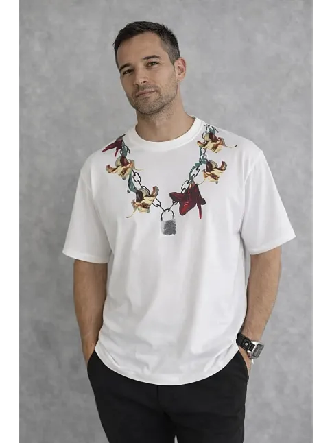 Erkek Baskılı T-shirt Kısa Kol Bisiklet Yaka Regular Fit Rahat Kalıp Günlük Tişört - Beyaz