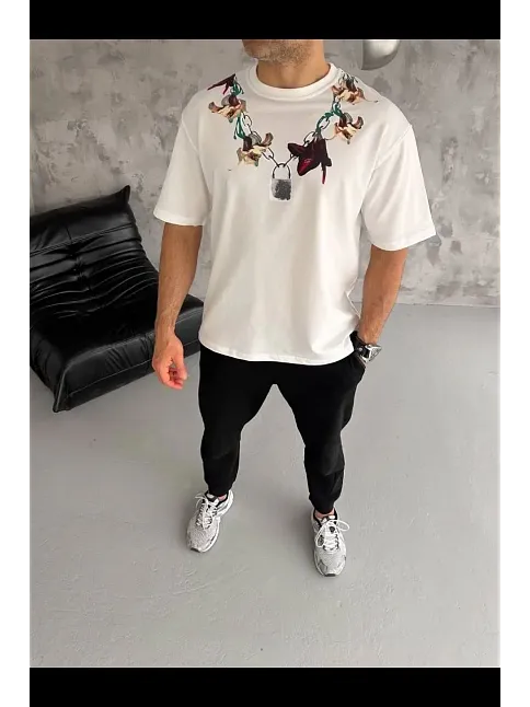 Erkek Baskılı T-shirt Kısa Kol Bisiklet Yaka Regular Fit Rahat Kalıp Günlük Tişört - Beyaz