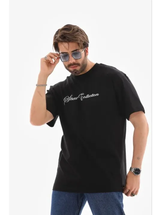 Erkek Baskılı T-shirt Kısa Kol Bisiklet Yaka Regular Fit Rahat Kalıp Günlük Tişört - Siyah