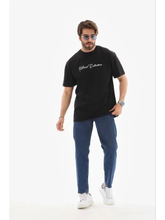 Erkek Baskılı T-shirt Kısa Kol Bisiklet Yaka Regular Fit Rahat Kalıp Günlük Tişört - Siyah