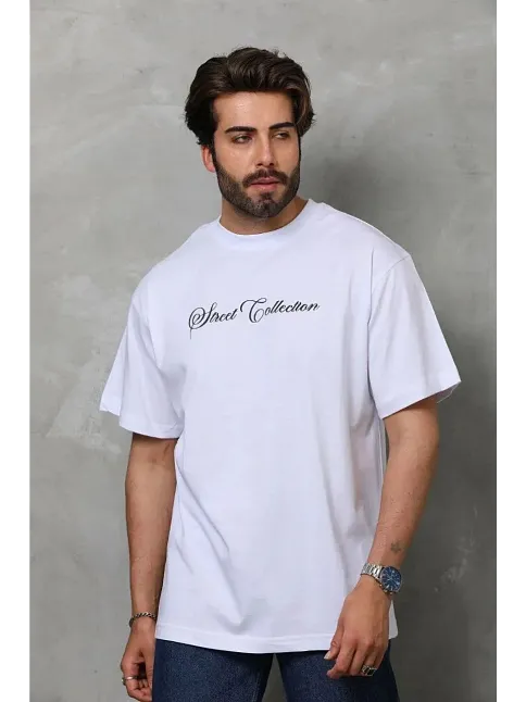 Erkek Baskılı T-shirt Kısa Kol Bisiklet Yaka Regular Fit Rahat Kalıp Günlük Tişört - Beyaz