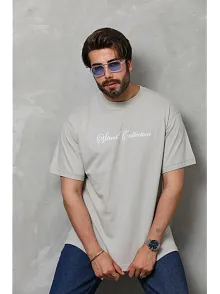 Erkek Baskılı T-shirt Kısa Kol Bisiklet Yaka Regular Fit Rahat Kalıp Günlük Tişört - Gri
