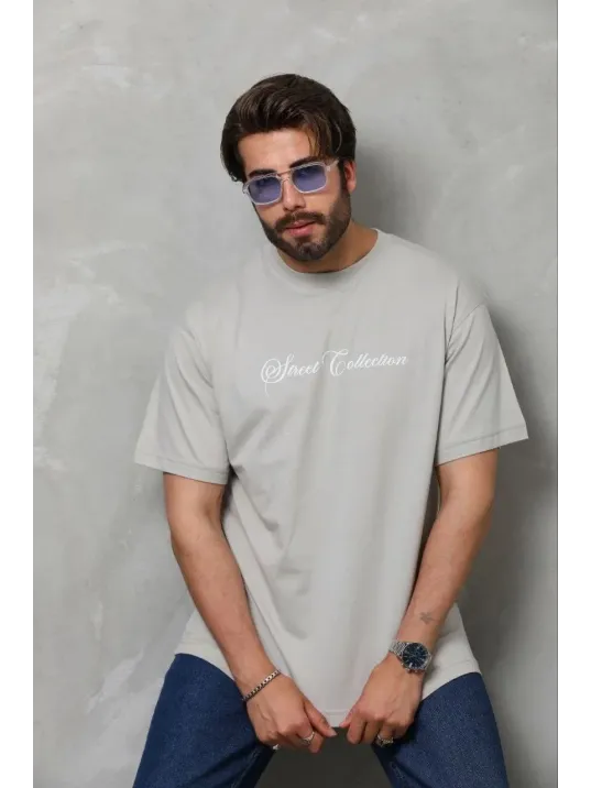 Erkek Baskılı T-shirt Kısa Kol Bisiklet Yaka Regular Fit Rahat Kalıp Günlük Tişört - Gri