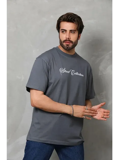 Erkek Baskılı T-shirt Kısa Kol Bisiklet Yaka Regular Fit Rahat Kalıp Günlük Tişört - Füme