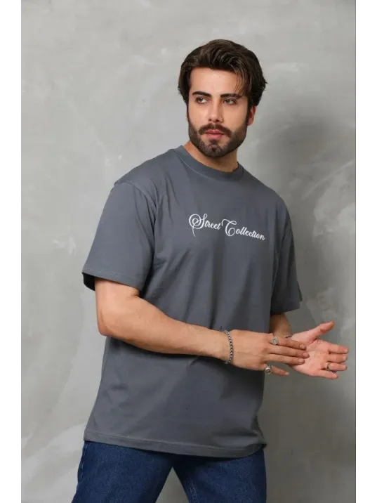 Erkek Baskılı T-shirt Kısa Kol Bisiklet Yaka Regular Fit Rahat Kalıp Günlük Tişört - Füme