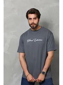 Erkek Baskılı T-shirt Kısa Kol Bisiklet Yaka Regular Fit Rahat Kalıp Günlük Tişört - Füme