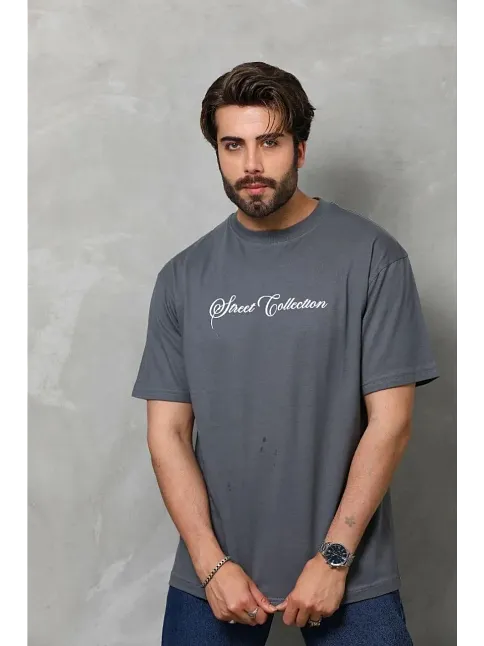 Erkek Baskılı T-shirt Kısa Kol Bisiklet Yaka Regular Fit Rahat Kalıp Günlük Tişört - Füme