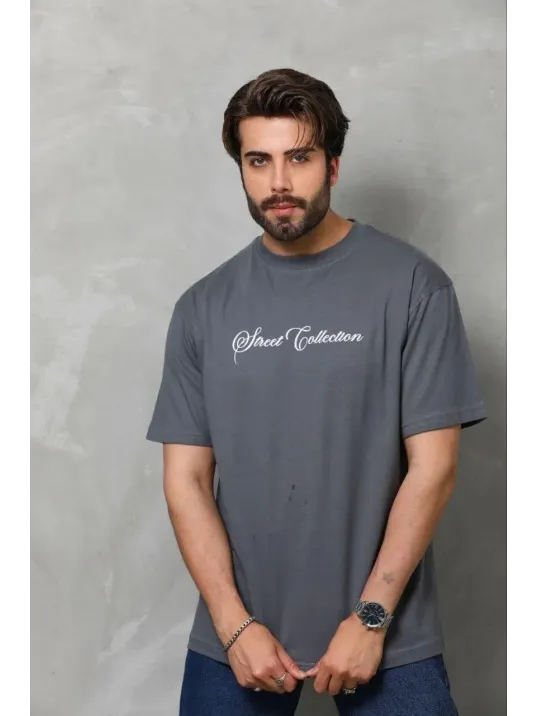 Erkek Baskılı T-shirt Kısa Kol Bisiklet Yaka Regular Fit Rahat Kalıp Günlük Tişört - Füme