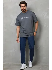Erkek Baskılı T-shirt Kısa Kol Bisiklet Yaka Regular Fit Rahat Kalıp Günlük Tişört - Füme