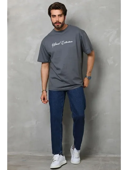 Erkek Baskılı T-shirt Kısa Kol Bisiklet Yaka Regular Fit Rahat Kalıp Günlük Tişört - Füme