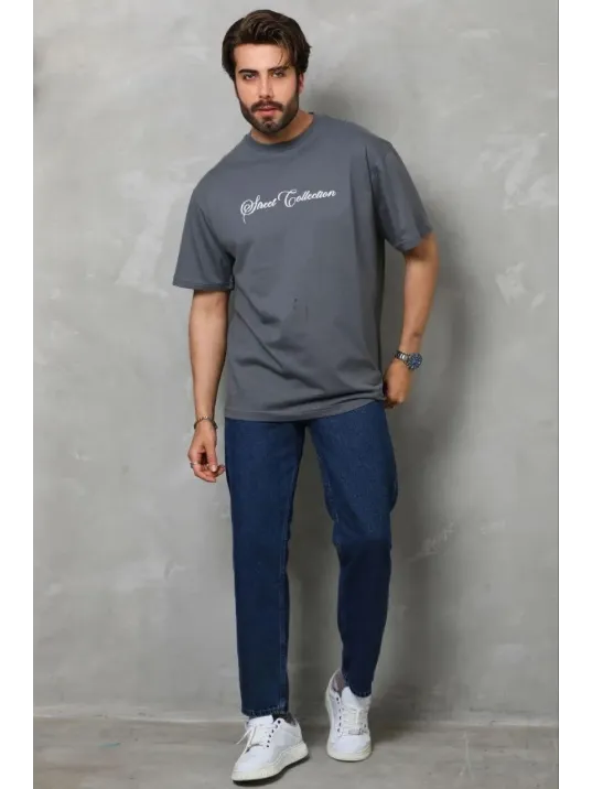 Erkek Baskılı T-shirt Kısa Kol Bisiklet Yaka Regular Fit Rahat Kalıp Günlük Tişört - Füme